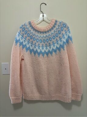 Pastel Fair Isle Nordic Chunky Knit Crewneck Sweater Pink Blue